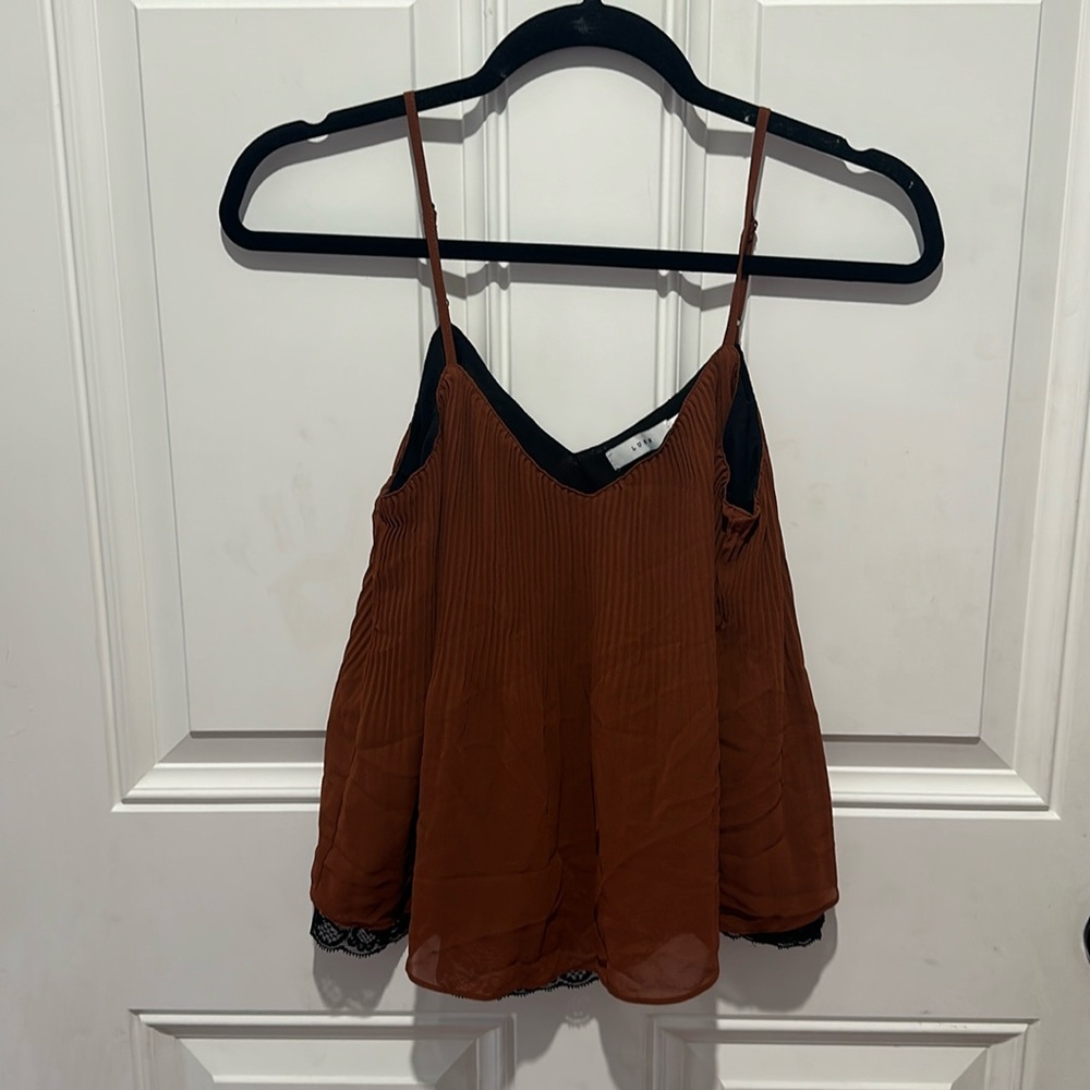 Lush brown tank top cami with black lace under size small